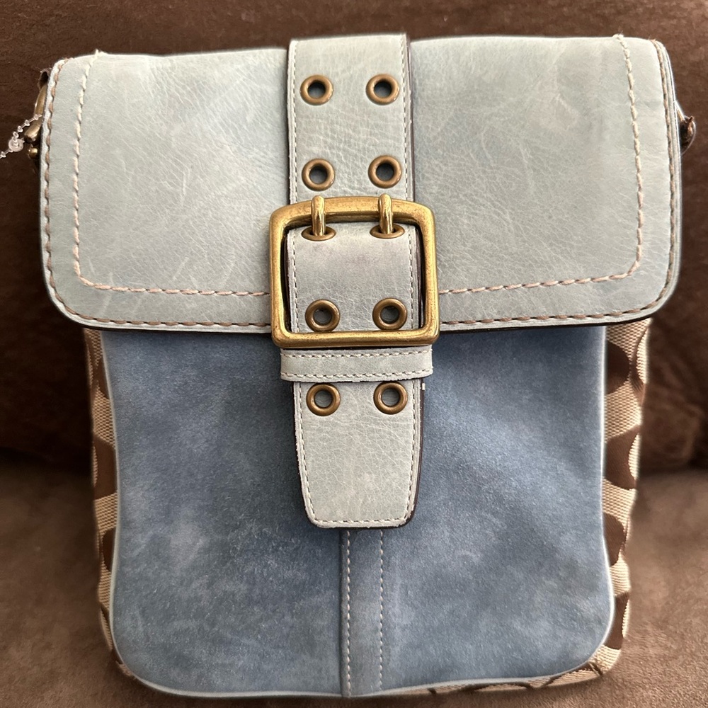 EUC - COACH Signature 1568 Dark Brown Jacquard Monogram / Blue Suede Leather